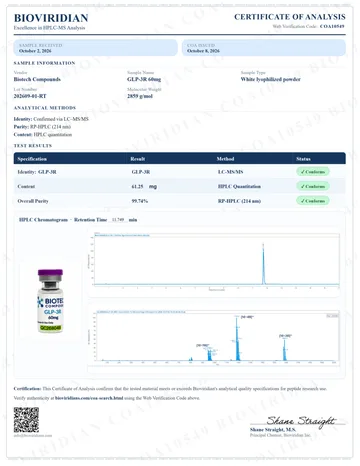 GLP-3R Certificate of Analysis, lot 202609-01-RT