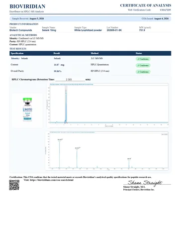 Selank Certificate of Analysis, lot 202609-01-SK