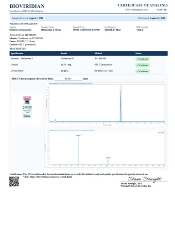 Melanotan 2 Certificate of Analysis, lot 202609-01-ML2