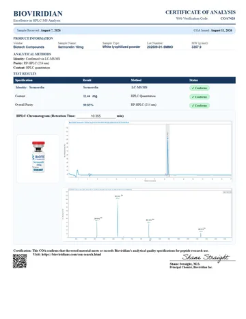 Sermorelin Certificate of Analysis, lot 202609-01-SMMO