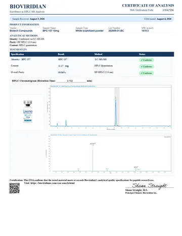 BPC-157 Certificate of Analysis, lot 202609-01-BC