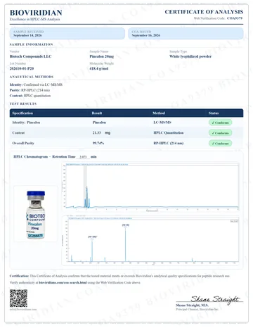 Pinealon Certificate of Analysis, lot 202610-01-P20