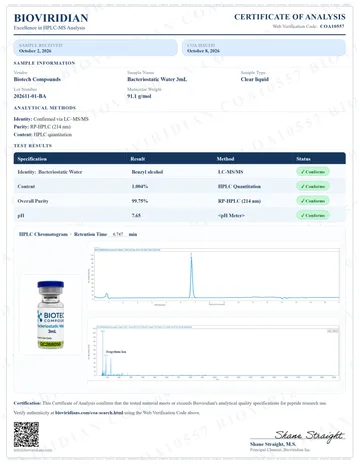 Bacteriostatic Water Certificate of Analysis, lot 202611-01-BA