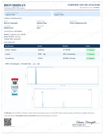 Epitalon Certificate of Analysis, lot 202609-01-ET