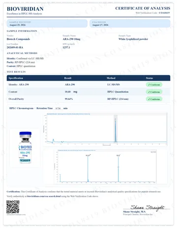 ARA-290 Certificate of Analysis, lot 202609-01-RA