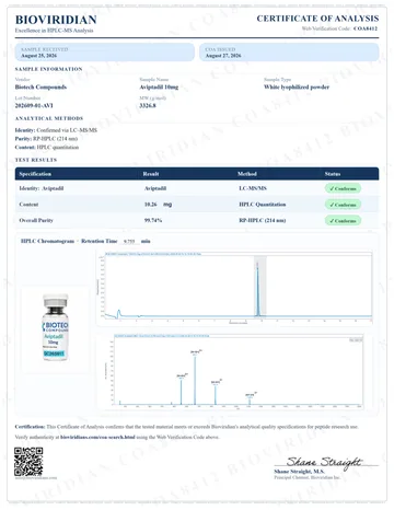 Aviptadil Certificate of Analysis, lot 202609-01-AVI