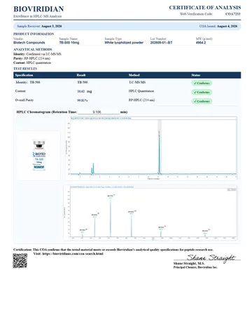 TB-500 Certificate of Analysis, lot 202609-01-BT
