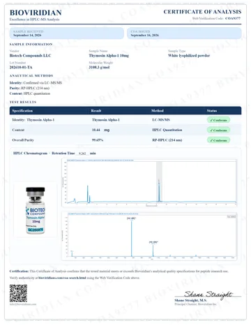 Thymosin Alpha-1 Certificate of Analysis, lot 202610-01-TA