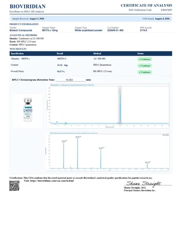 MOTS-c Certificate of Analysis, lot 202609-01-MS