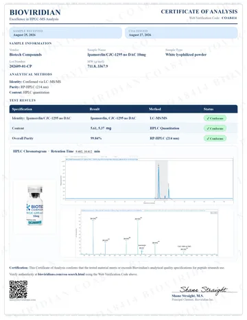 Ipamorelin/CJC-1295 (no DAC) 5MG/5MG Certificate of Analysis, lot 202609-01-CP