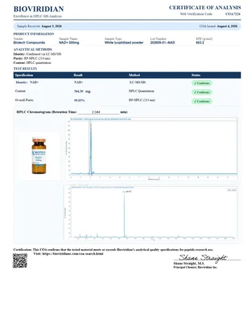NAD+ Certificate of Analysis, lot 202609-01-NAD