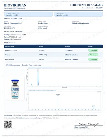 SNAP-8 Certificate of Analysis, lot 202610-01-NP8