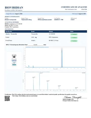 Tesamorelin Certificate of Analysis, lot 202609-01-TSM
