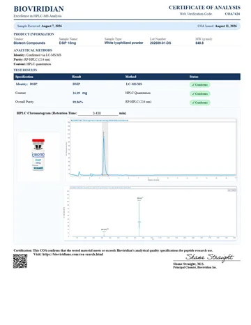 DSIP Certificate of Analysis, lot 202609-01-DS